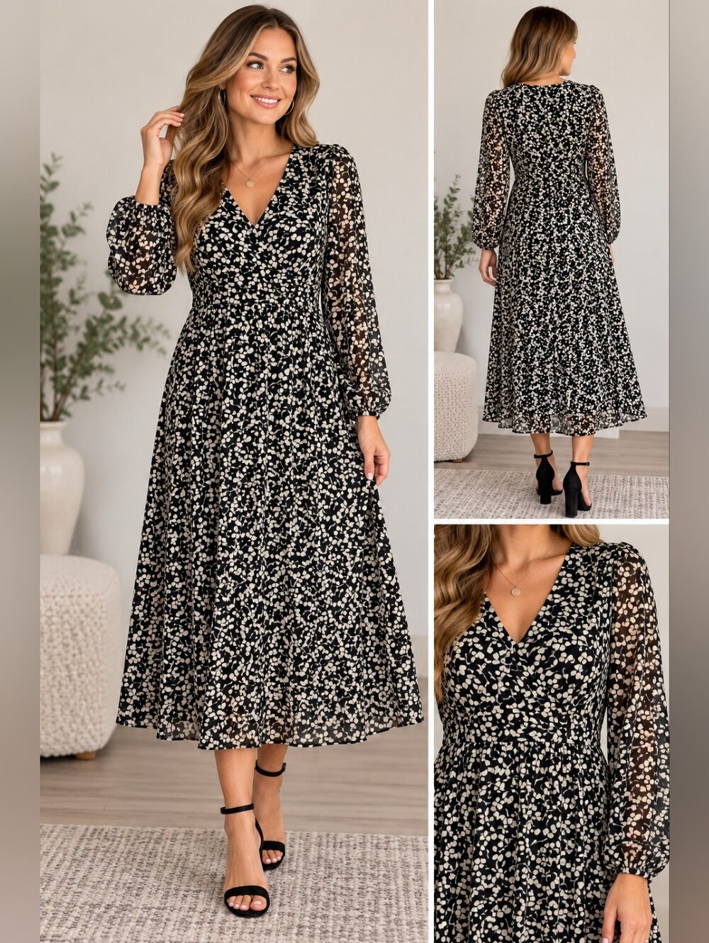Tommy Hilfiger Women’s Size 12 Black Ivory Floral Leaf Print Long Sleeve Midi Dr